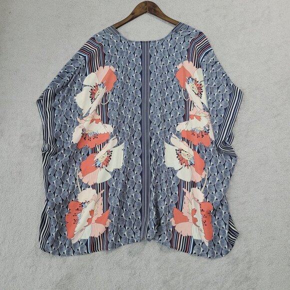 Max Studio Womens Floral Kimono Cardigan Medium Blue & Coral Chiffon - Picture 2 of 7